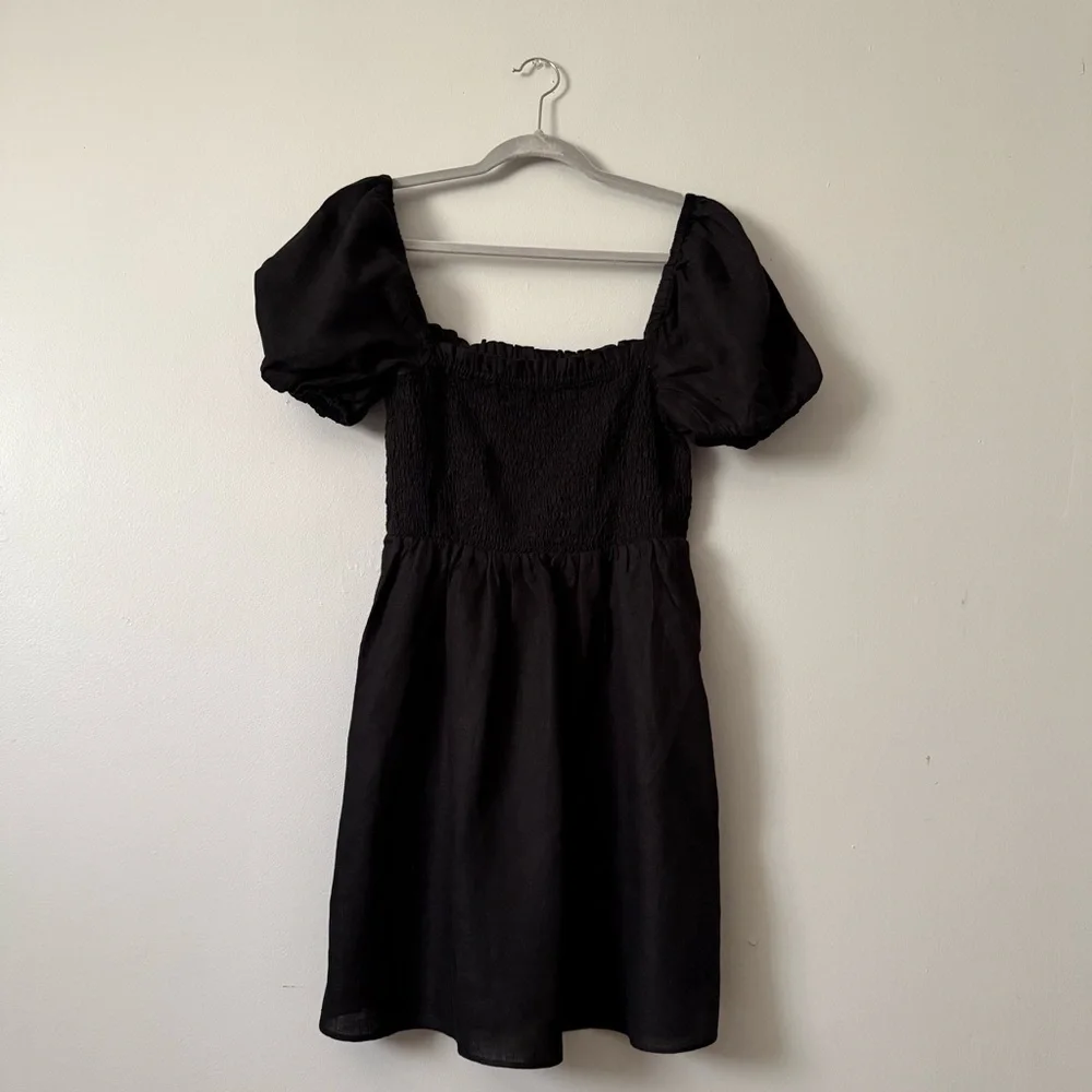 J. Crew S Womens Black Linen Puff Sleeve Smocked Squade Mini Dress